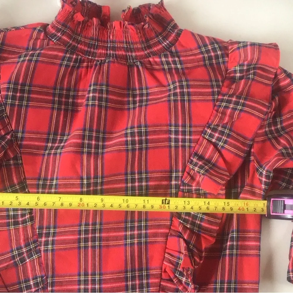 English Factory tartan ruffle blouse